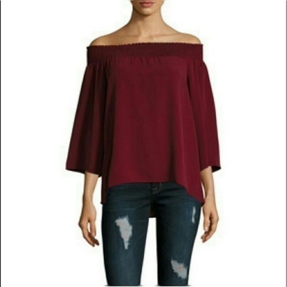 NEW WALTER BAKER Burgundy Smocked On or Off Shoulder w Bell Sleeves Boho Top  3X - Picture 1 of 11